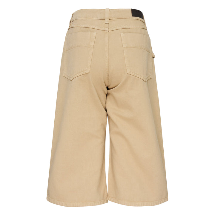 Lemaire 5 Pocket Bermuda Shorts in khaki heavyweight cotton twill, featuring a high-rise waistband, wide flared leg, and five-pocket construction