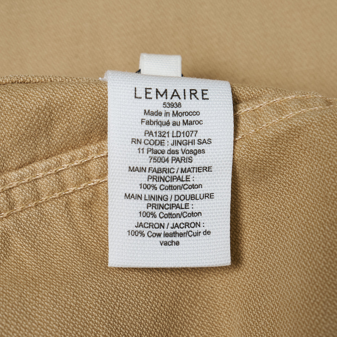 Lemaire 5 Pocket Bermuda Shorts in khaki heavyweight cotton twill, featuring a high-rise waistband, wide flared leg, and five-pocket construction