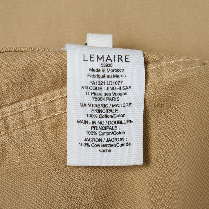 Lemaire 5 Pocket Bermuda Shorts in khaki heavyweight cotton twill, featuring a high-rise waistband, wide flared leg, and five-pocket construction