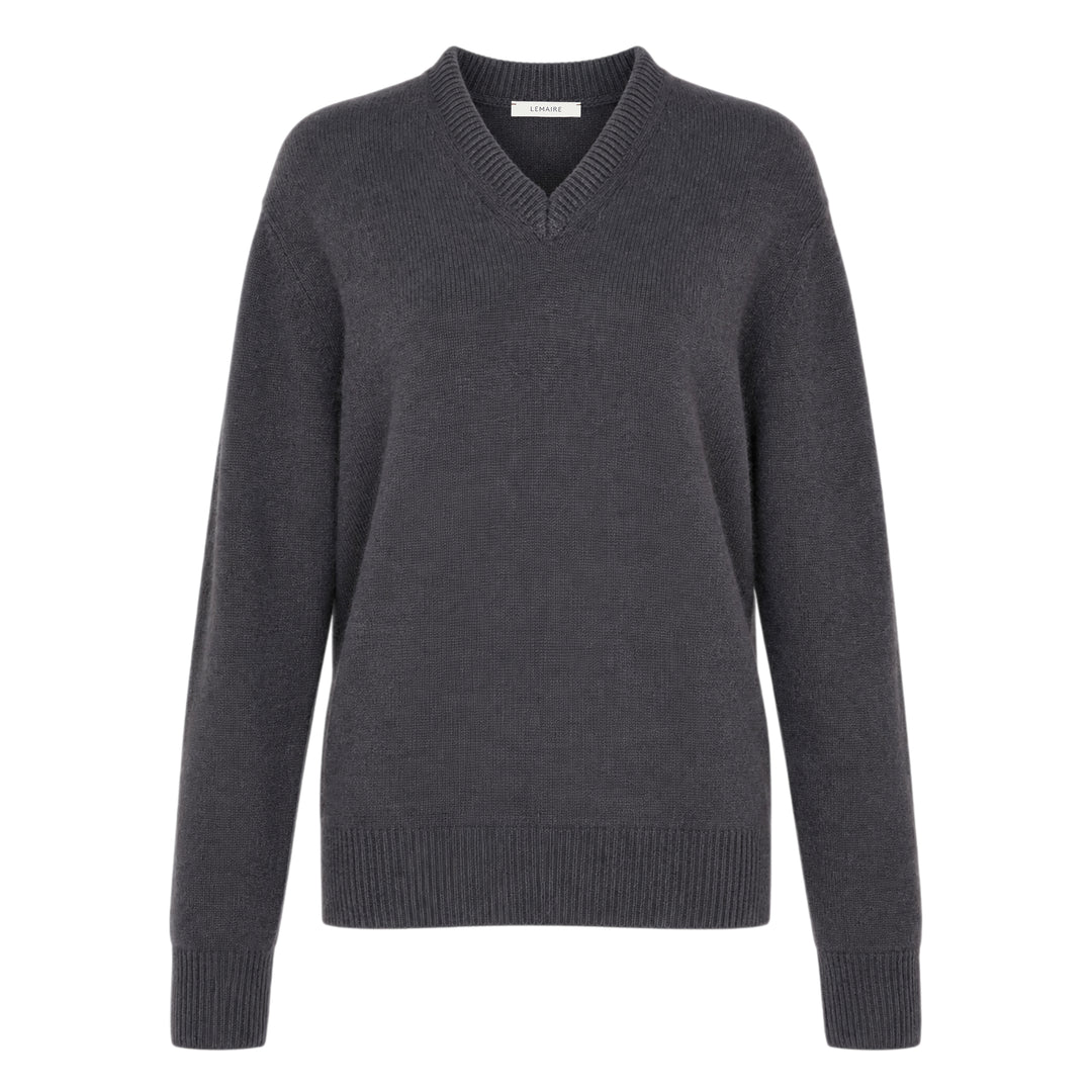 Lemaire Cashmere V-Neck Sweater in slate grey, featuring a ribbed V-neckline, relaxed long-sleeve silhouette, and ribbed cuffs and hem, displayed flat on a white background