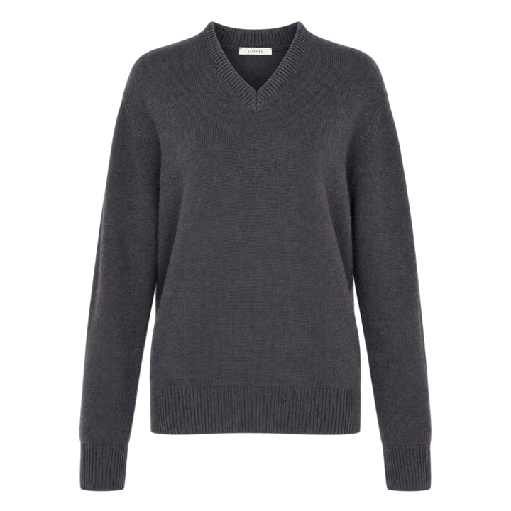 Lemaire Cashmere V-Neck Sweater in slate grey, featuring a ribbed V-neckline, relaxed long-sleeve silhouette, and ribbed cuffs and hem, displayed flat on a white background