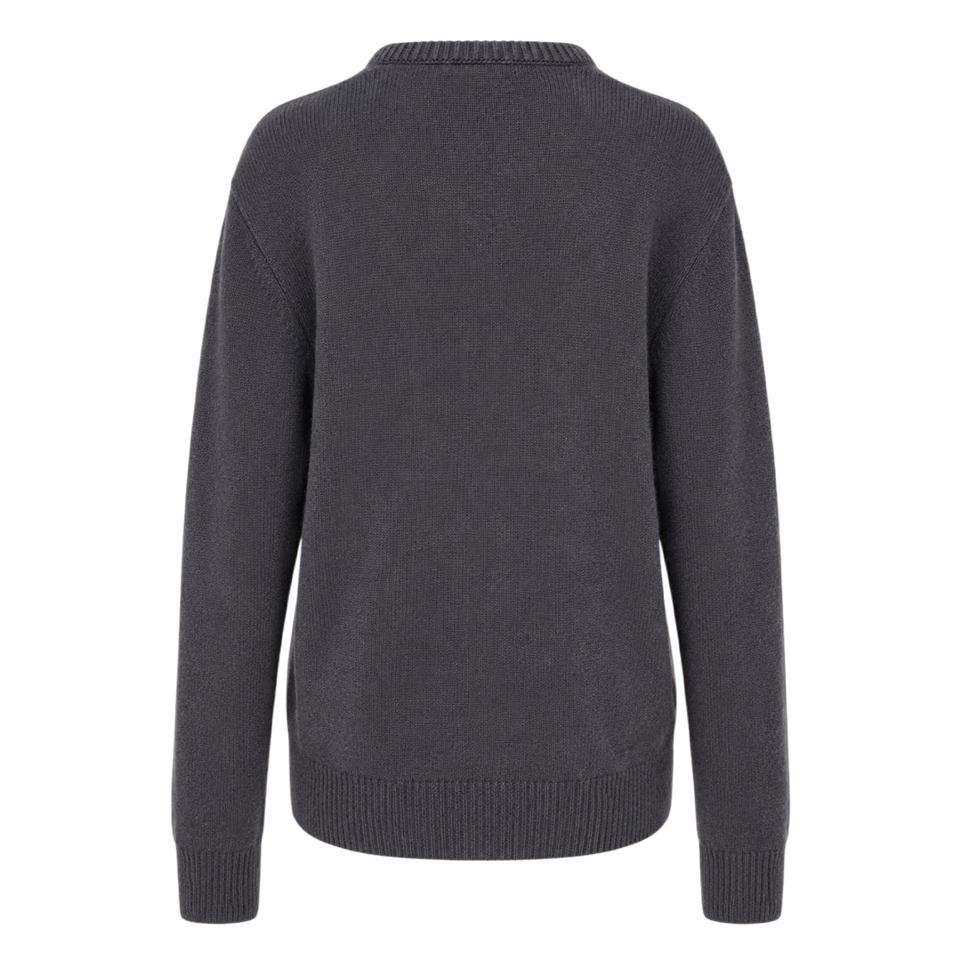 Lemaire Cashmere V-Neck Sweater in slate grey, featuring a ribbed V-neckline, relaxed long-sleeve silhouette, and ribbed cuffs and hem, displayed flat on a white background
