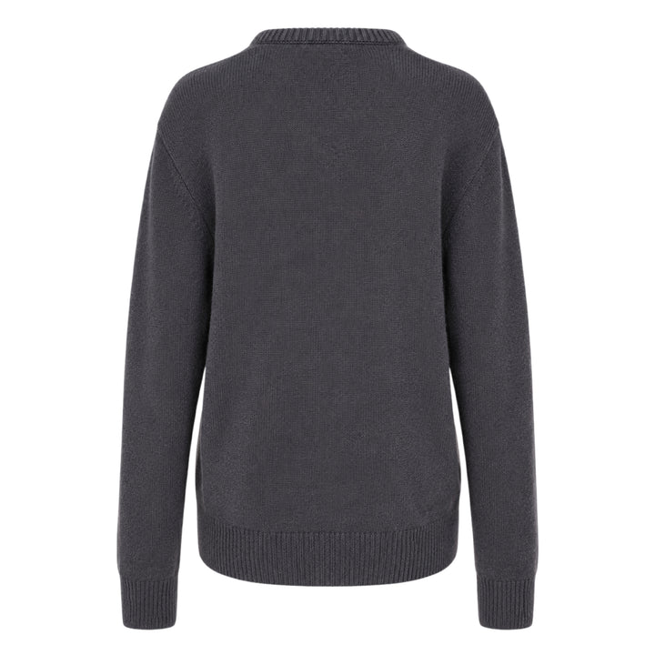 Lemaire Cashmere V-Neck Sweater in slate grey, featuring a ribbed V-neckline, relaxed long-sleeve silhouette, and ribbed cuffs and hem, displayed flat on a white background