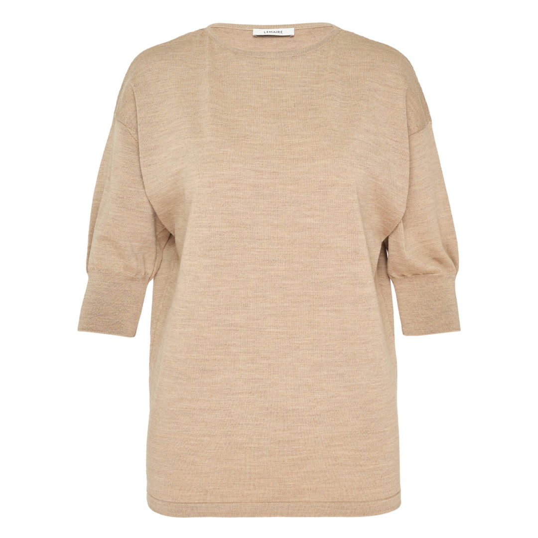 Lemaire Short Sleeve Fine Knit Sweater in camel mélange, featuring a relaxed batwing silhouette and ribbed cuffs, photographed flat on a white background