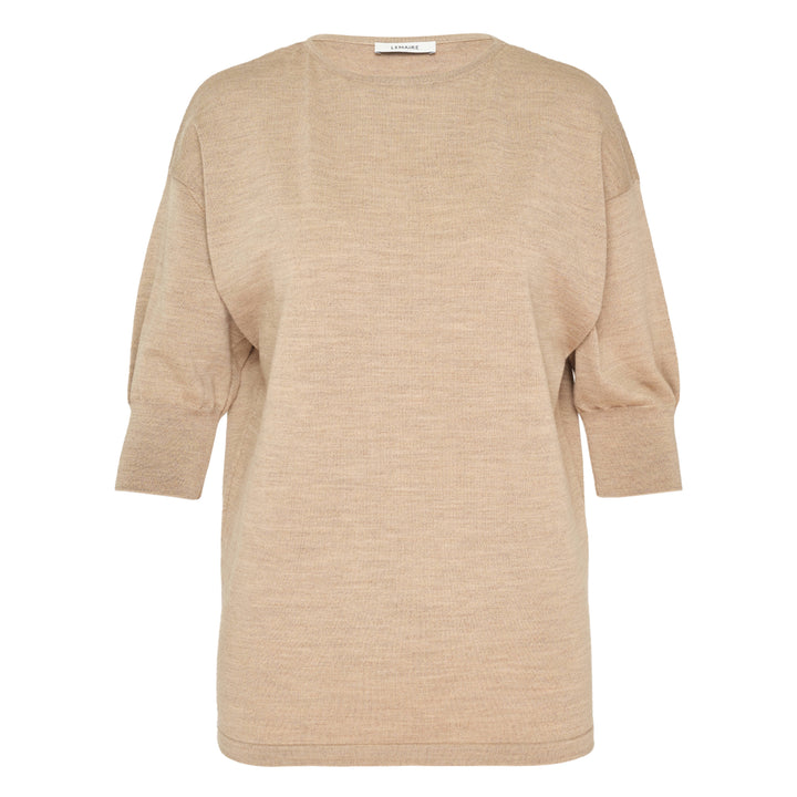 Lemaire Short Sleeve Fine Knit Sweater in camel mélange, featuring a relaxed batwing silhouette and ribbed cuffs, photographed flat on a white background
