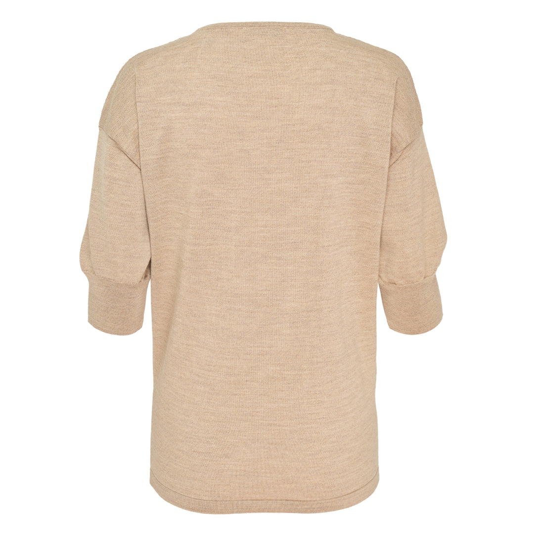 Lemaire Short Sleeve Fine Knit Sweater in camel mélange, featuring a relaxed batwing silhouette and ribbed cuffs, photographed flat on a white background