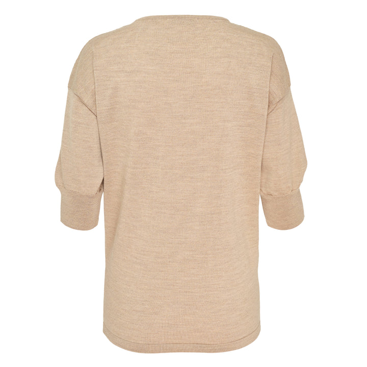 Lemaire Short Sleeve Fine Knit Sweater in camel mélange, featuring a relaxed batwing silhouette and ribbed cuffs, photographed flat on a white background