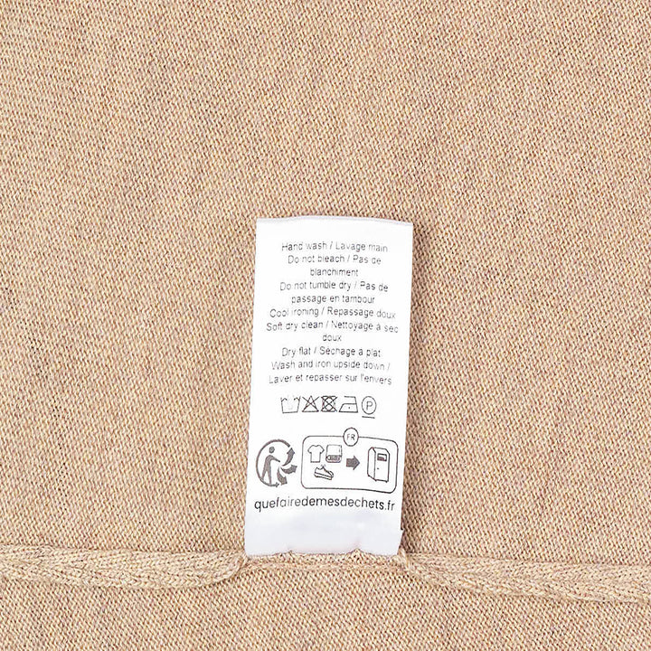 Lemaire Short Sleeve Fine Knit Sweater in camel mélange, featuring a relaxed batwing silhouette and ribbed cuffs, photographed flat on a white background