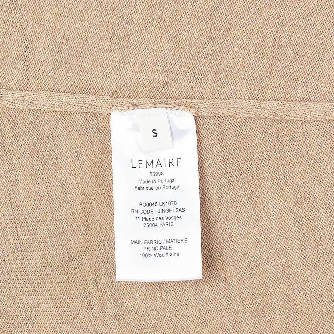 Lemaire Short Sleeve Fine Knit Sweater in camel mélange, featuring a relaxed batwing silhouette and ribbed cuffs, photographed flat on a white background