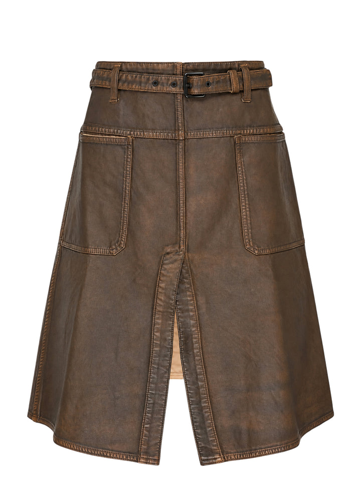 Lemaire brown coated denim workwear skirt with belted waist, patch pockets and centre front slit