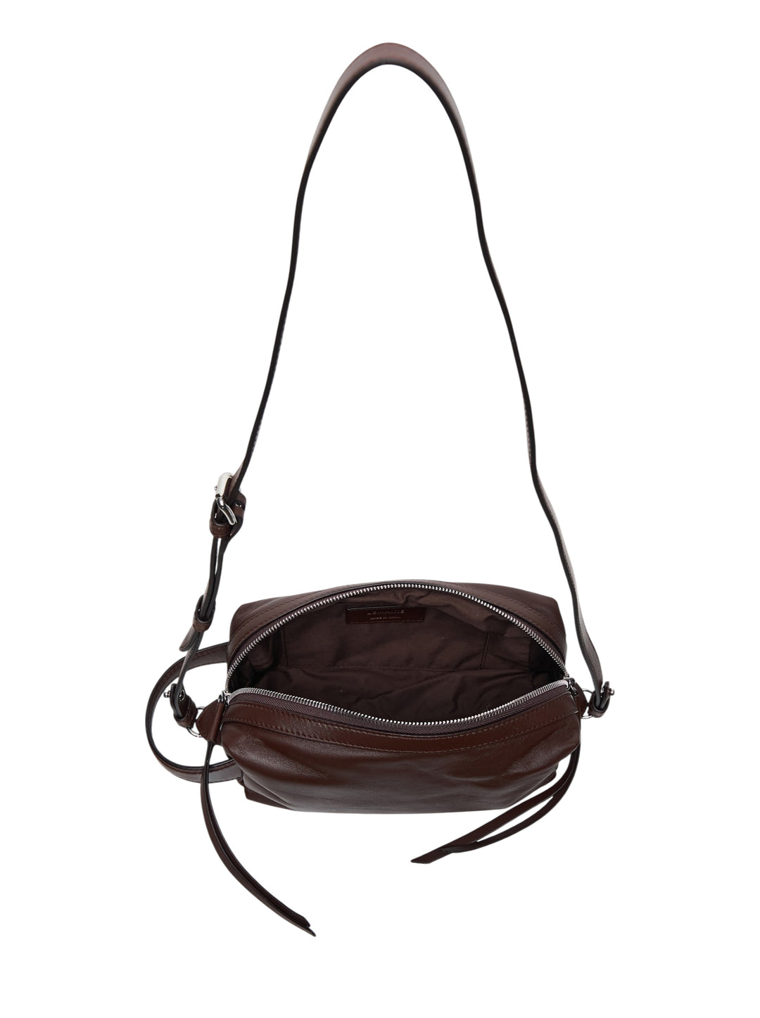 Lemaire Small Care Bag in dark brown nappa lambskin with zip closure, centre leather tie detail, and adjustable crossbody strap - view 3