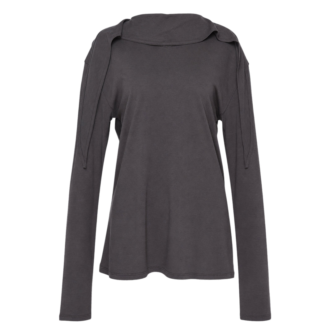 Lemaire Long Sleeve Foulard Top in charcoal grey, featuring a softly draped self-tie foulard collar and relaxed A-line silhouette, photographed flat on a white background
