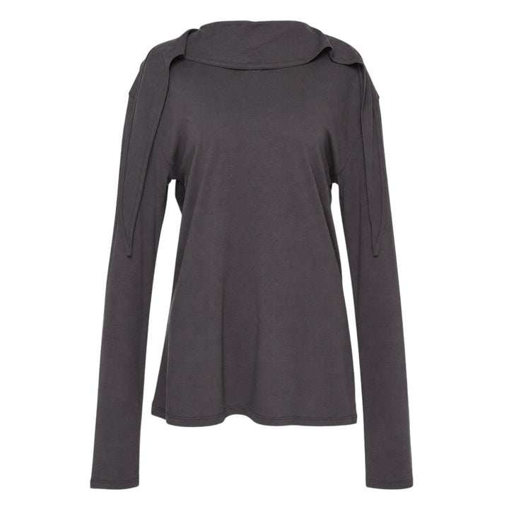 Lemaire Long Sleeve Foulard Top in charcoal grey, featuring a softly draped self-tie foulard collar and relaxed A-line silhouette, photographed flat on a white background