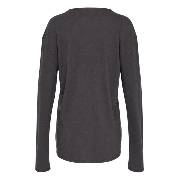Lemaire Long Sleeve Foulard Top in charcoal grey, featuring a softly draped self-tie foulard collar and relaxed A-line silhouette, photographed flat on a white background