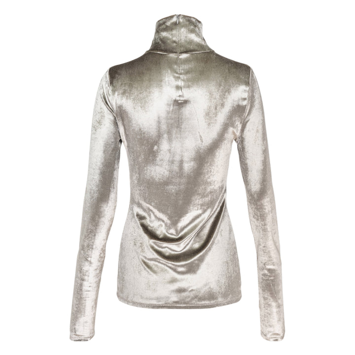 Lemaire Fitted High Neck Velvet Top in silver-grey crushed velvet, shown from the back, featuring a turtleneck collar and long fitted sleeves