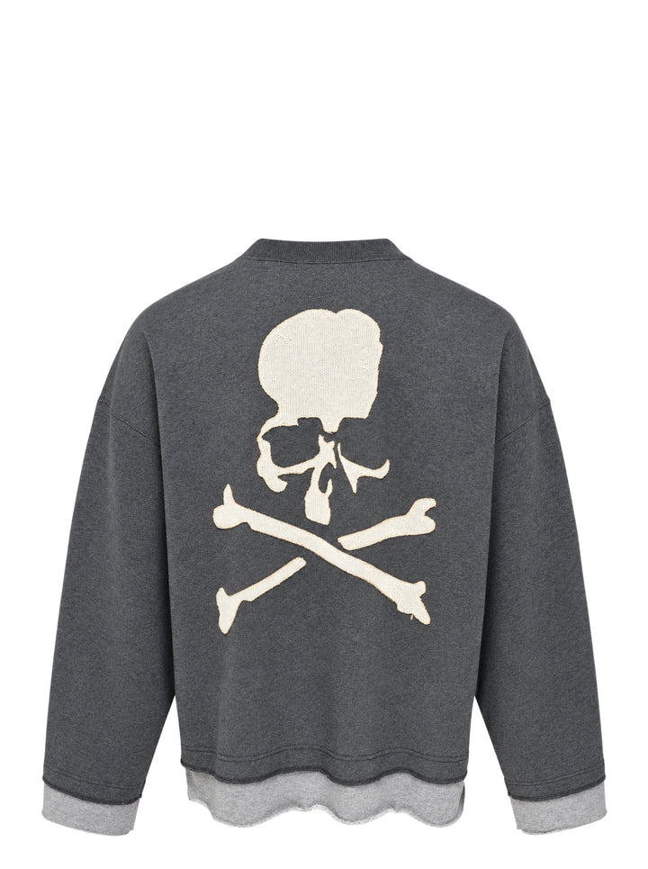 Mastermind Japan Cut-Off Boxy Crew Sweatshirt in charcoal grey with contrast raw-edge layered hem and cuffs, kangaroo pocket, and woven skull logo label at back neck - view 2