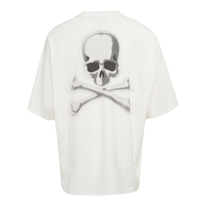Mastermind Japan Boxy Short Sleeve Tee in off-white with tonal arched logo embroidery and skull-and-crossbones motifs at the chest