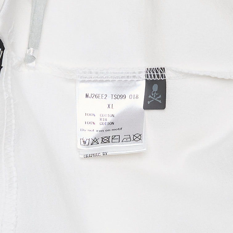 Mastermind Japan Boxy Short Sleeve Tee in off-white with tonal arched logo embroidery and skull-and-crossbones motifs at the chest