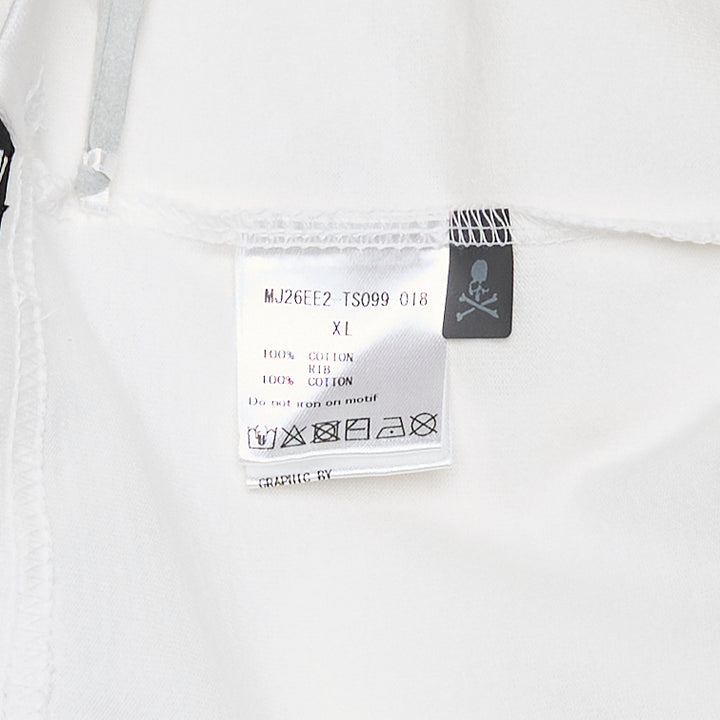 Mastermind Japan Boxy Short Sleeve Tee in off-white with tonal arched logo embroidery and skull-and-crossbones motifs at the chest