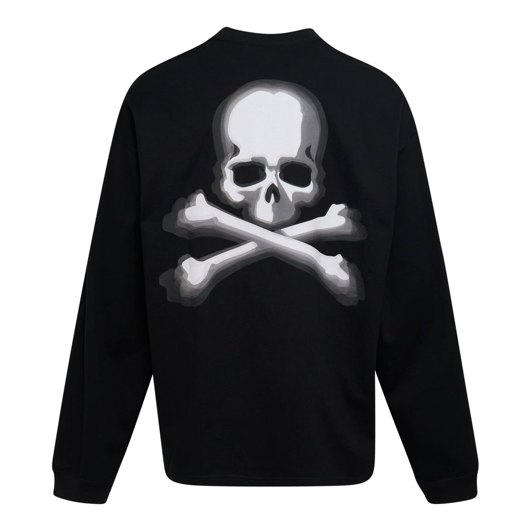 Mastermind Japan OG Boxy Long Sleeve Tee in black with embroidered arched logo and skull-and-crossbones motifs across the chest