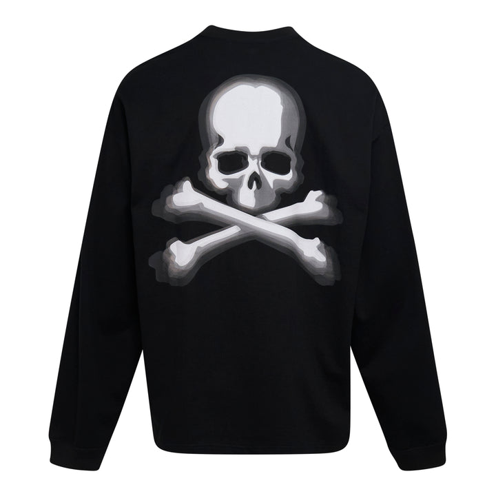 Mastermind Japan OG Boxy Long Sleeve Tee in black with embroidered arched logo and skull-and-crossbones motifs across the chest