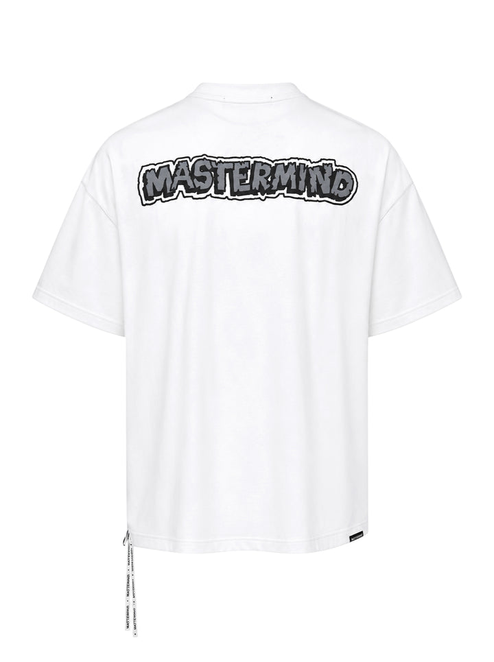 Mastermind white short sleeve tee with a large black and grey skull and crossbones graphic and MASTER MIND lettering - view 2