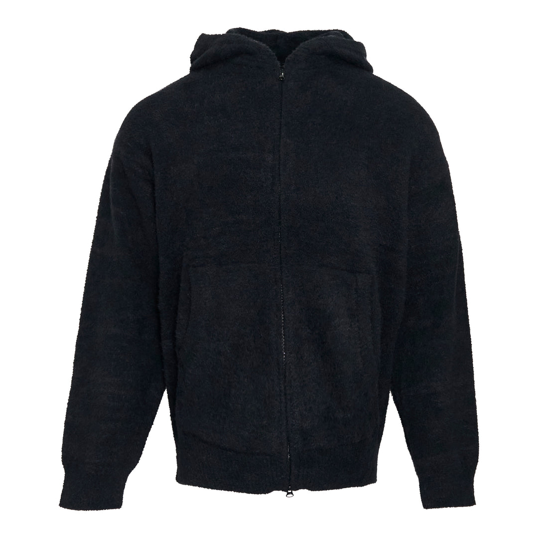 Mastermind Lounge Zip-Up Hoodie in dark navy bouclé knit with full zip closure, fixed hood, and front kangaroo pocket