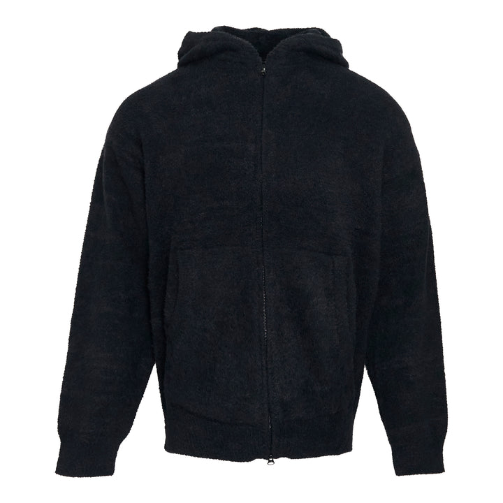 Mastermind Lounge Zip-Up Hoodie in dark navy bouclé knit with full zip closure, fixed hood, and front kangaroo pocket