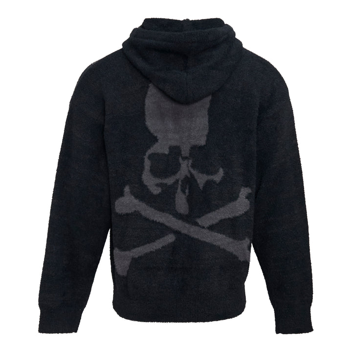Mastermind Lounge Zip-Up Hoodie in dark navy bouclé knit with full zip closure, fixed hood, and front kangaroo pocket