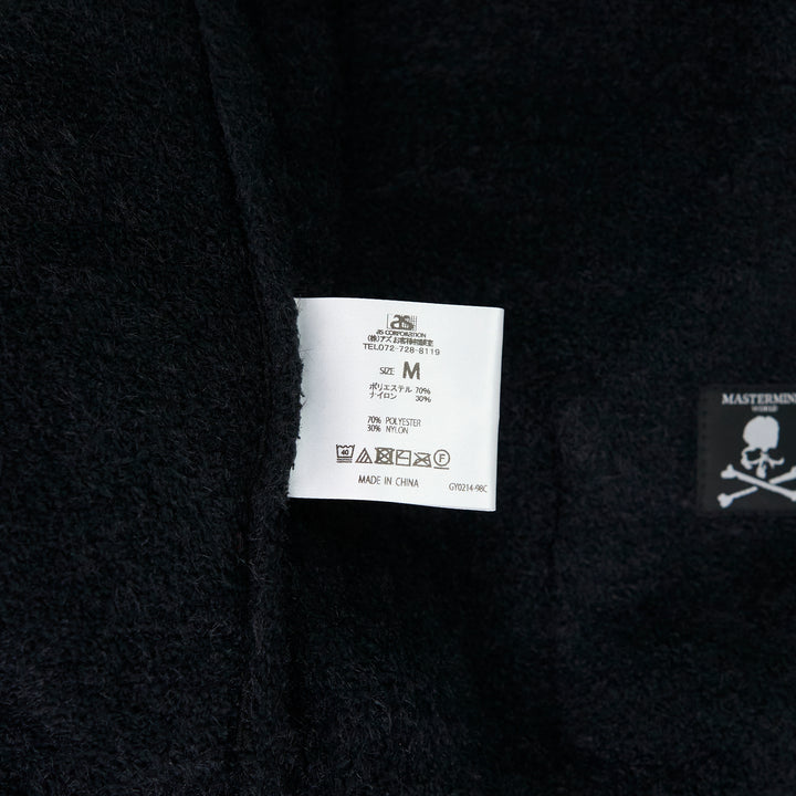 Mastermind Lounge Zip-Up Hoodie in dark navy bouclé knit with full zip closure, fixed hood, and front kangaroo pocket