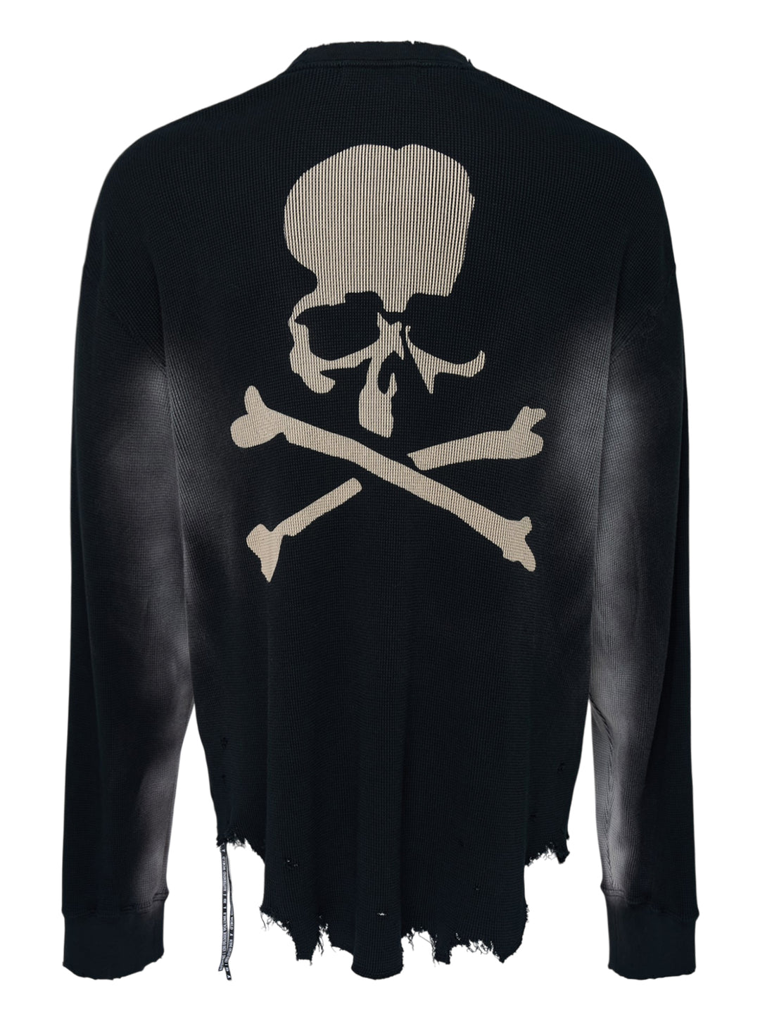 Mastermind black vintage waffle long sleeve tee with 'Too boring...' slogan print and distressed raw hem - view 2