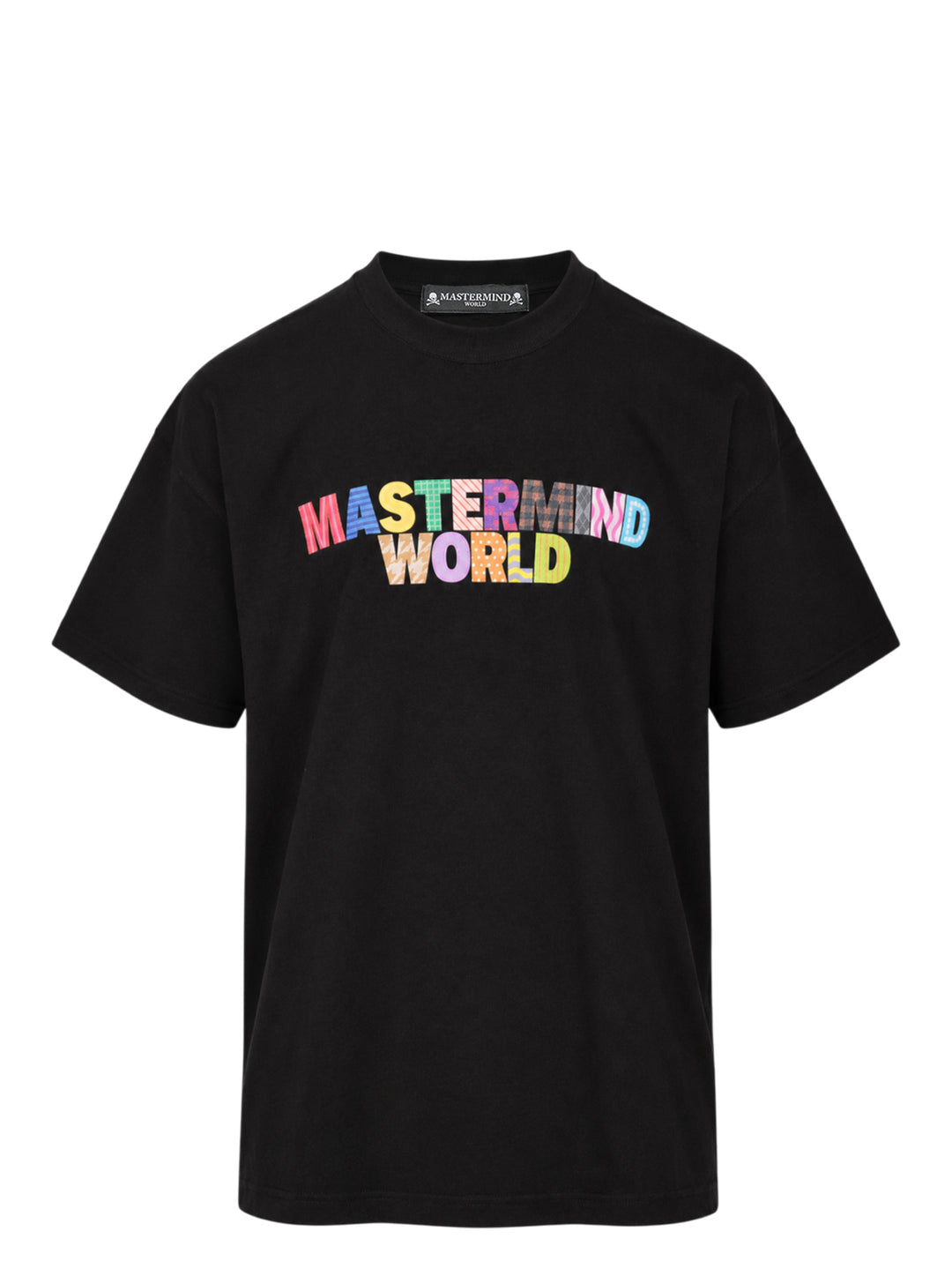 Mastermind World black boxy short sleeve tee with multicolour plaid-patterned arched logo wordmark printed across the chest