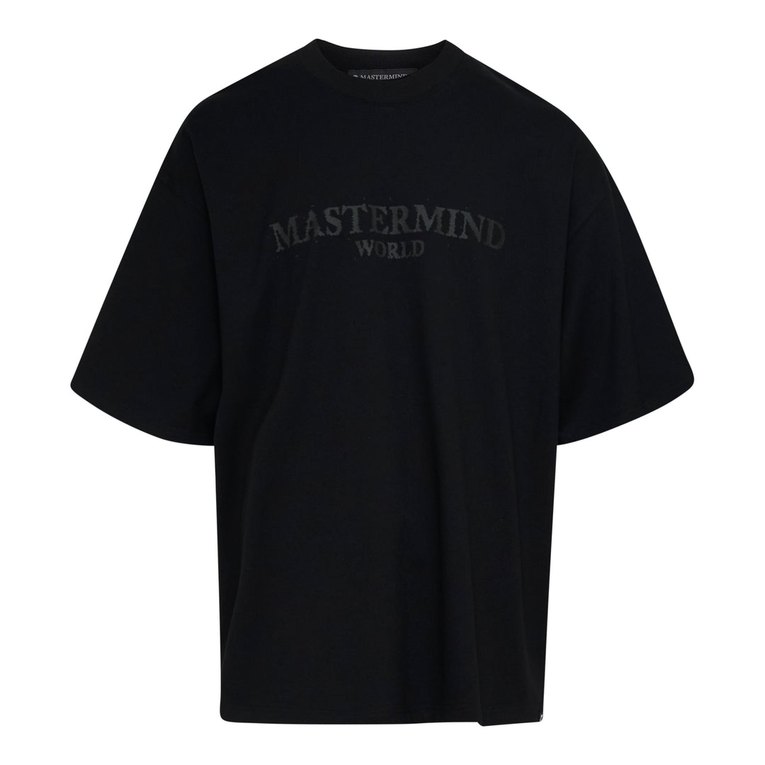 Mastermind World Noise Logo Short Sleeve Tee in black with tonal chest branding on a boxy oversized silhouette