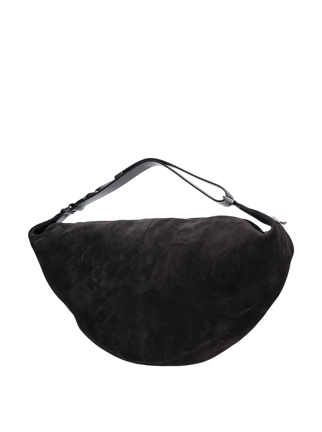 Lemaire Quiver Clip Bag in black suede leather with crescent silhouette, adjustable strap, gunmetal hardware, and exterior zip pocket - view 2