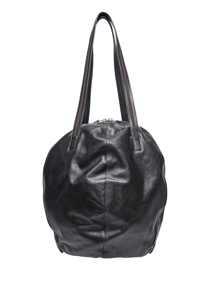 Lemaire Helmet Hobo Bag in dark grained leather, rear view, with two long flat shoulder straps and zip closure at top