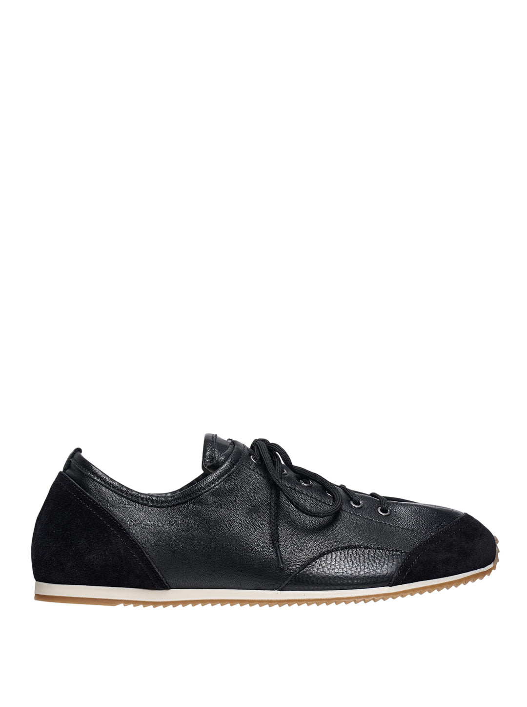 Lemaire Gummy Grip Mix Napp Sneaker in black pebbled leather and suede with white midsole and gum rubber outsole, side profile view