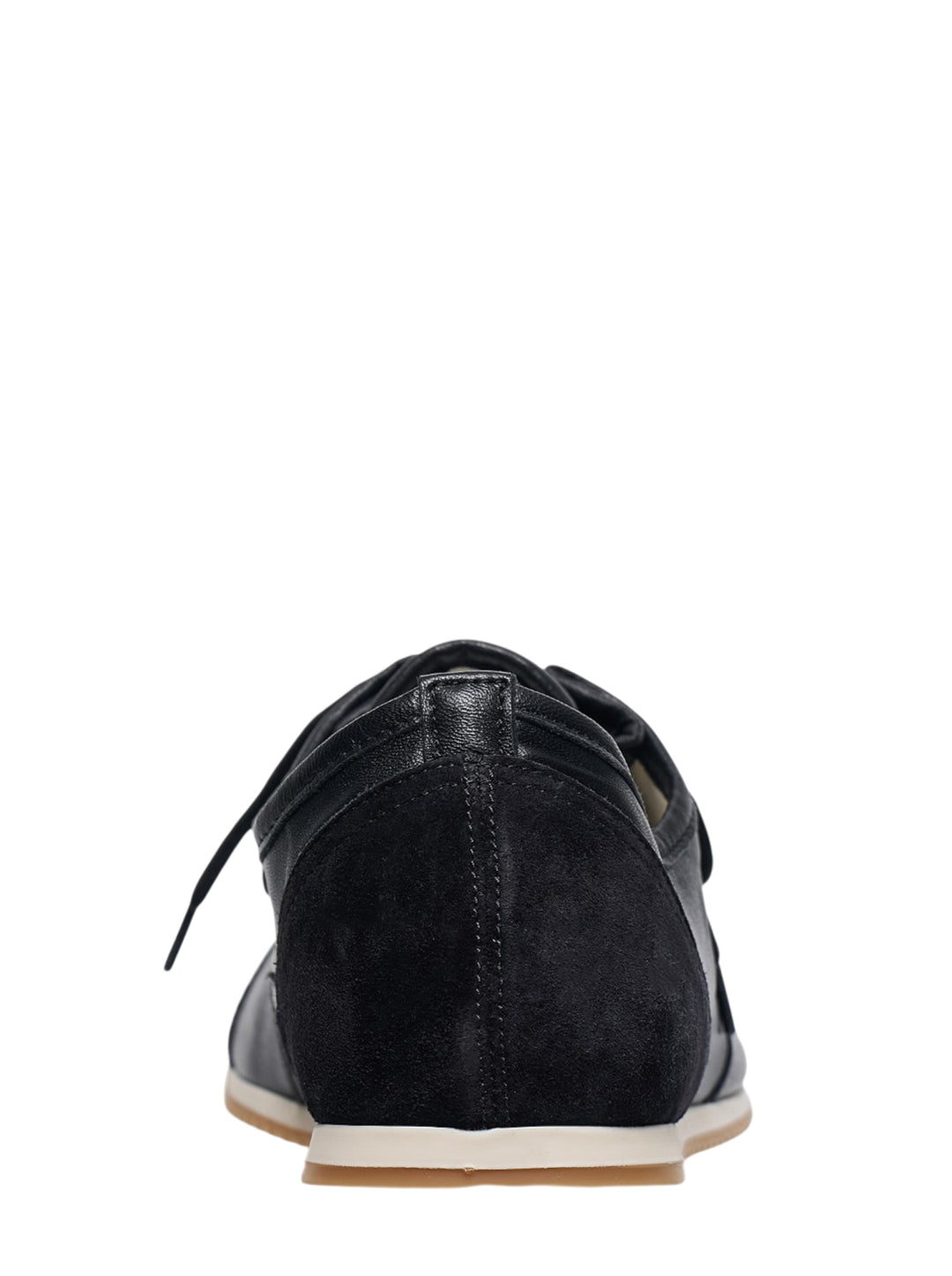 Lemaire Gummy Grip Mix Napp Sneaker in black pebbled leather and suede with white midsole and gum rubber outsole, side profile view - view 3