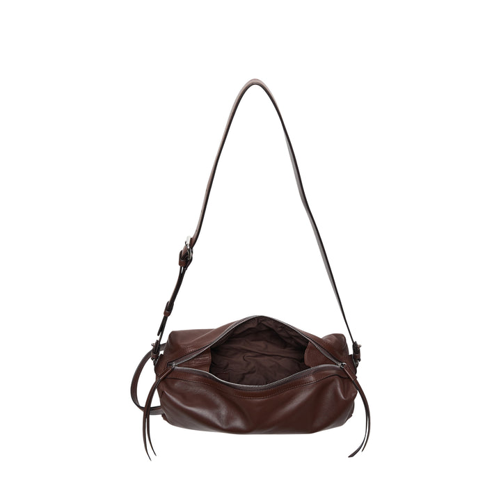 Lemaire Care Sling Bag in dark brown nappa lambskin with adjustable crossbody strap and zip closure, front view on white background