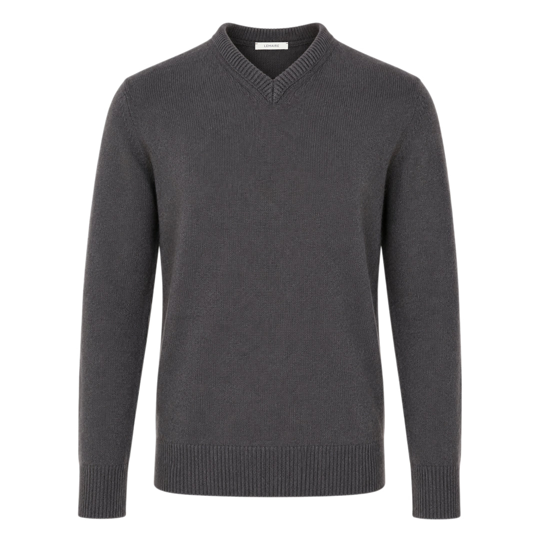 Lemaire Cashmere V-Neck Sweater in charcoal grey, featuring a ribbed V-neckline, ribbed cuffs and hem, photographed flat on a white background