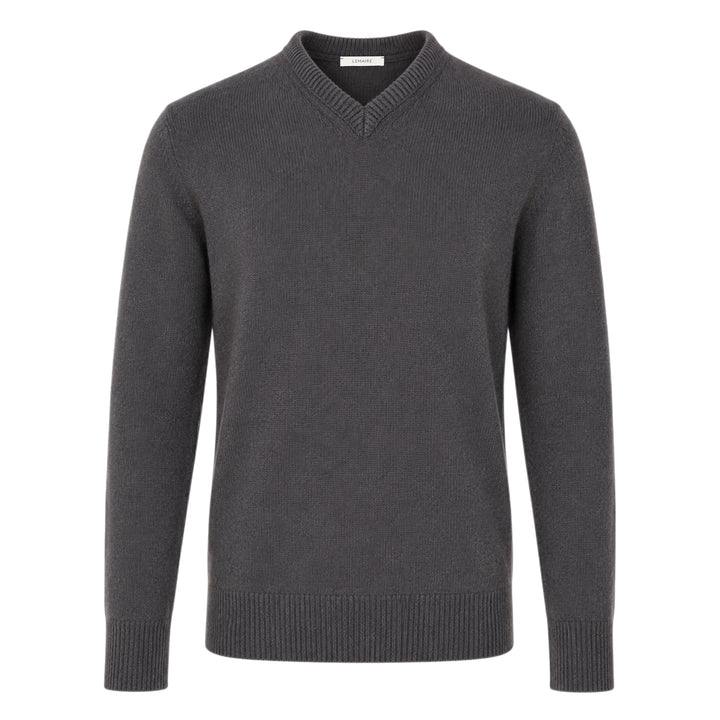 Lemaire Cashmere V-Neck Sweater in charcoal grey, featuring a ribbed V-neckline, ribbed cuffs and hem, photographed flat on a white background