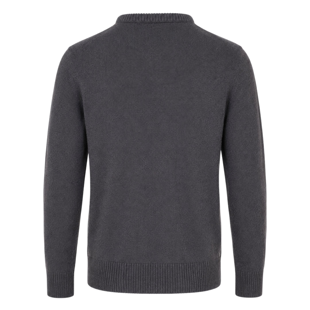 Lemaire Cashmere V-Neck Sweater in charcoal grey, featuring a ribbed V-neckline, ribbed cuffs and hem, photographed flat on a white background