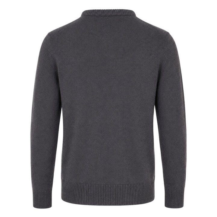 Lemaire Cashmere V-Neck Sweater in charcoal grey, featuring a ribbed V-neckline, ribbed cuffs and hem, photographed flat on a white background