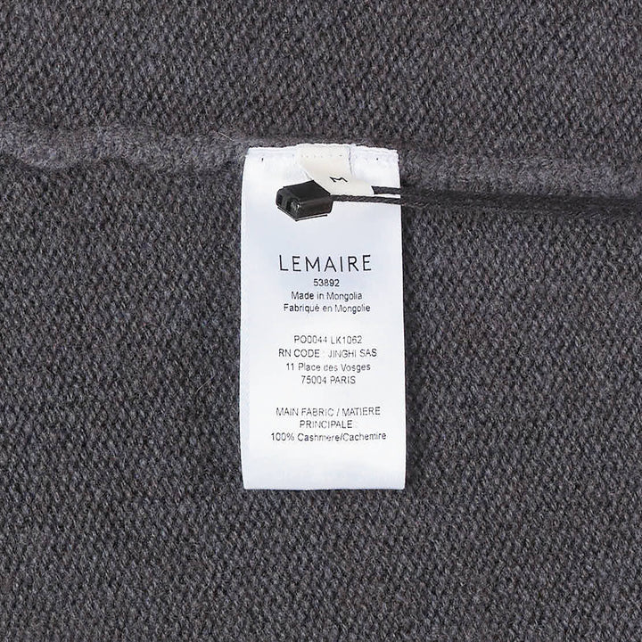Lemaire Cashmere V-Neck Sweater in charcoal grey, featuring a ribbed V-neckline, ribbed cuffs and hem, photographed flat on a white background