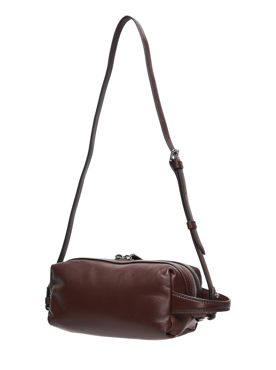 Lemaire Small Care Bag in dark brown nappa lambskin with adjustable crossbody strap, top zip closure, and knotted leather pull ties - view 2