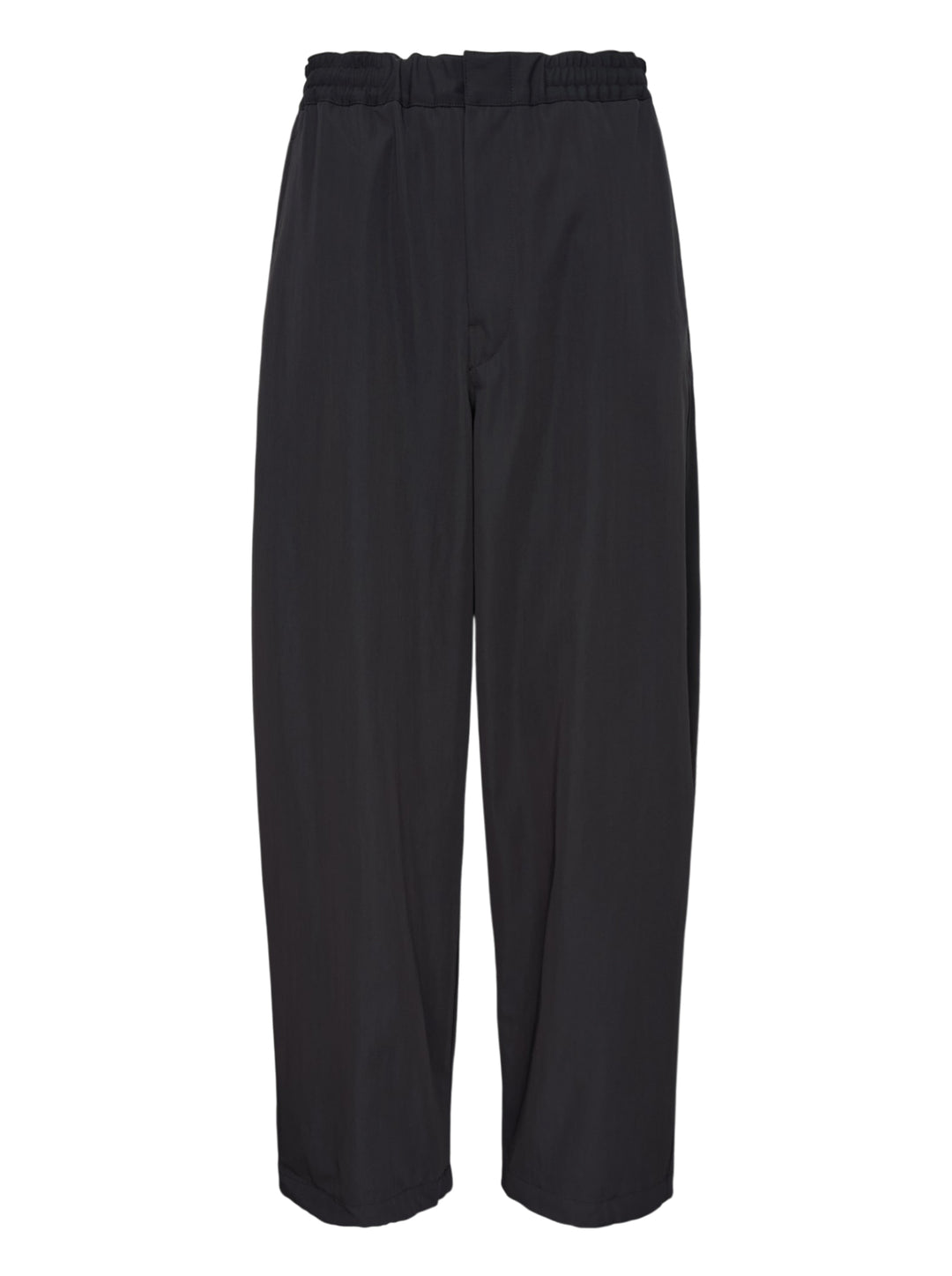 Lemaire black wool gabardine jogger pants with an elasticated waist and relaxed wide-leg silhouette, shown from the front