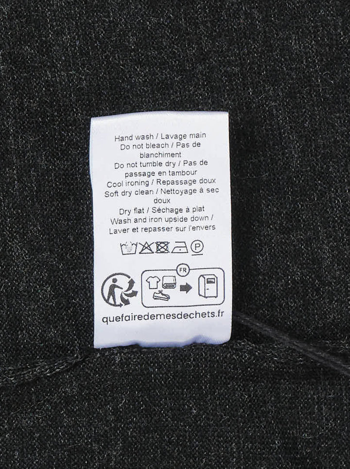 Lemaire crew neck sweater in dark charcoal mouliné knit with ribbed neckline, cuffs, and hem on a white background - view 3
