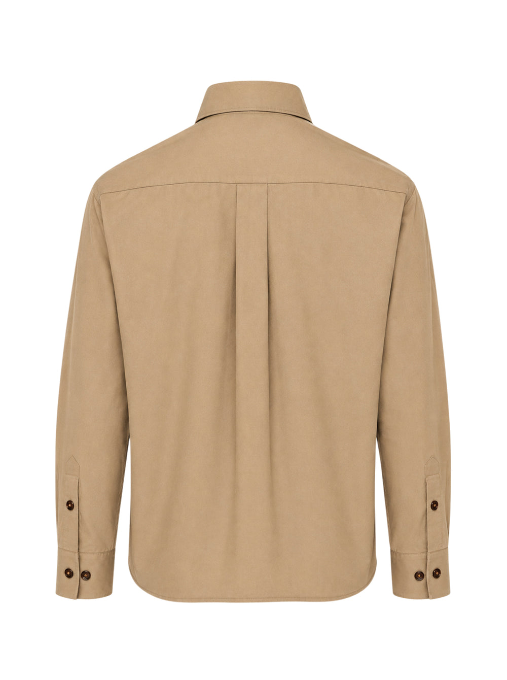 Lemaire Two Pockets Long Sleeve Shirt in tan cotton with dual patch chest pockets, dark tortoiseshell buttons, and a relaxed boxy silhouette, shown on a white background - view 2