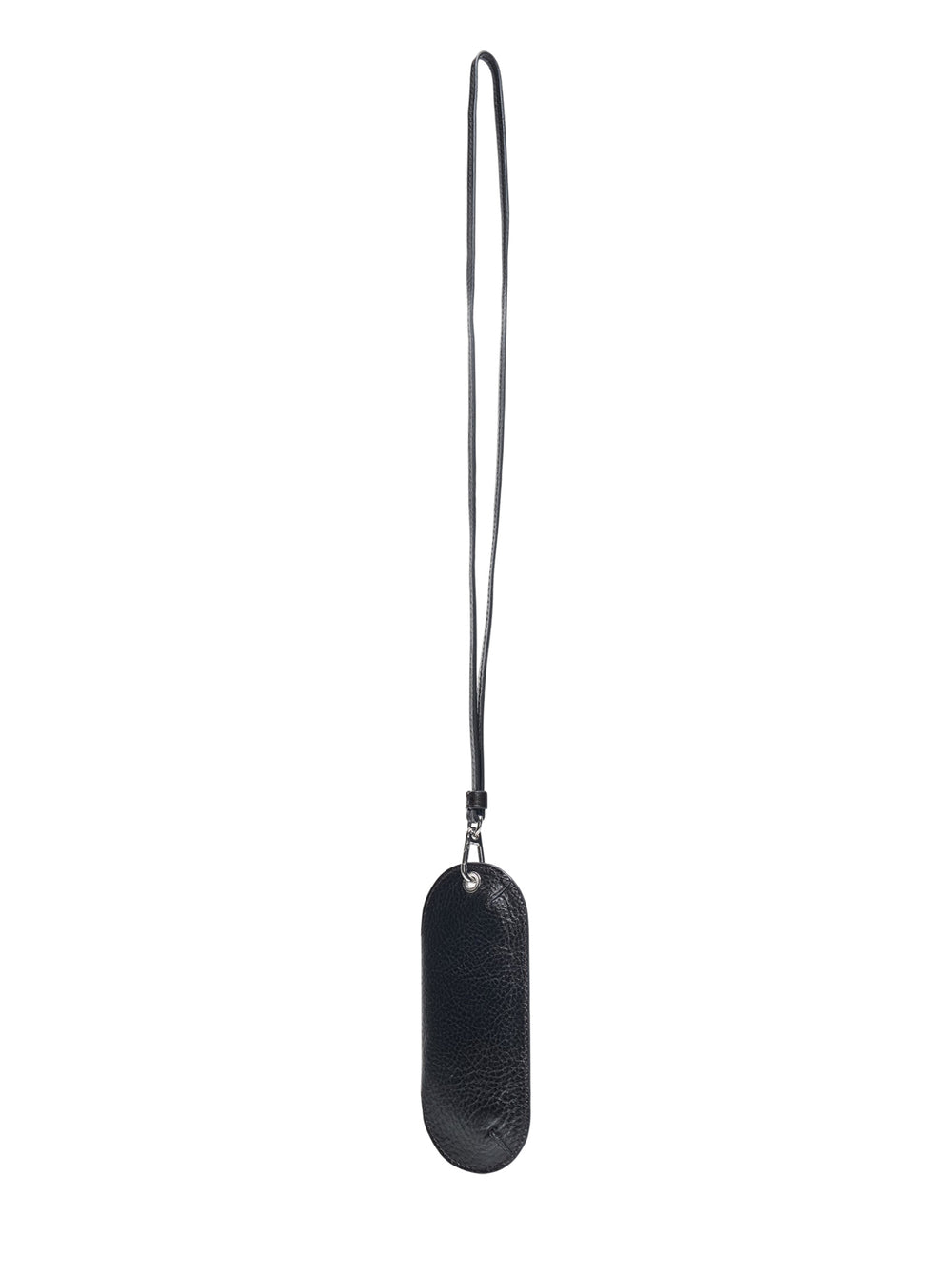 Lemaire Bell Glasses Holder in black pebbled leather with an oval silhouette, snap-fastened front pocket, and long leather lanyard with silver-tone clip - view 2