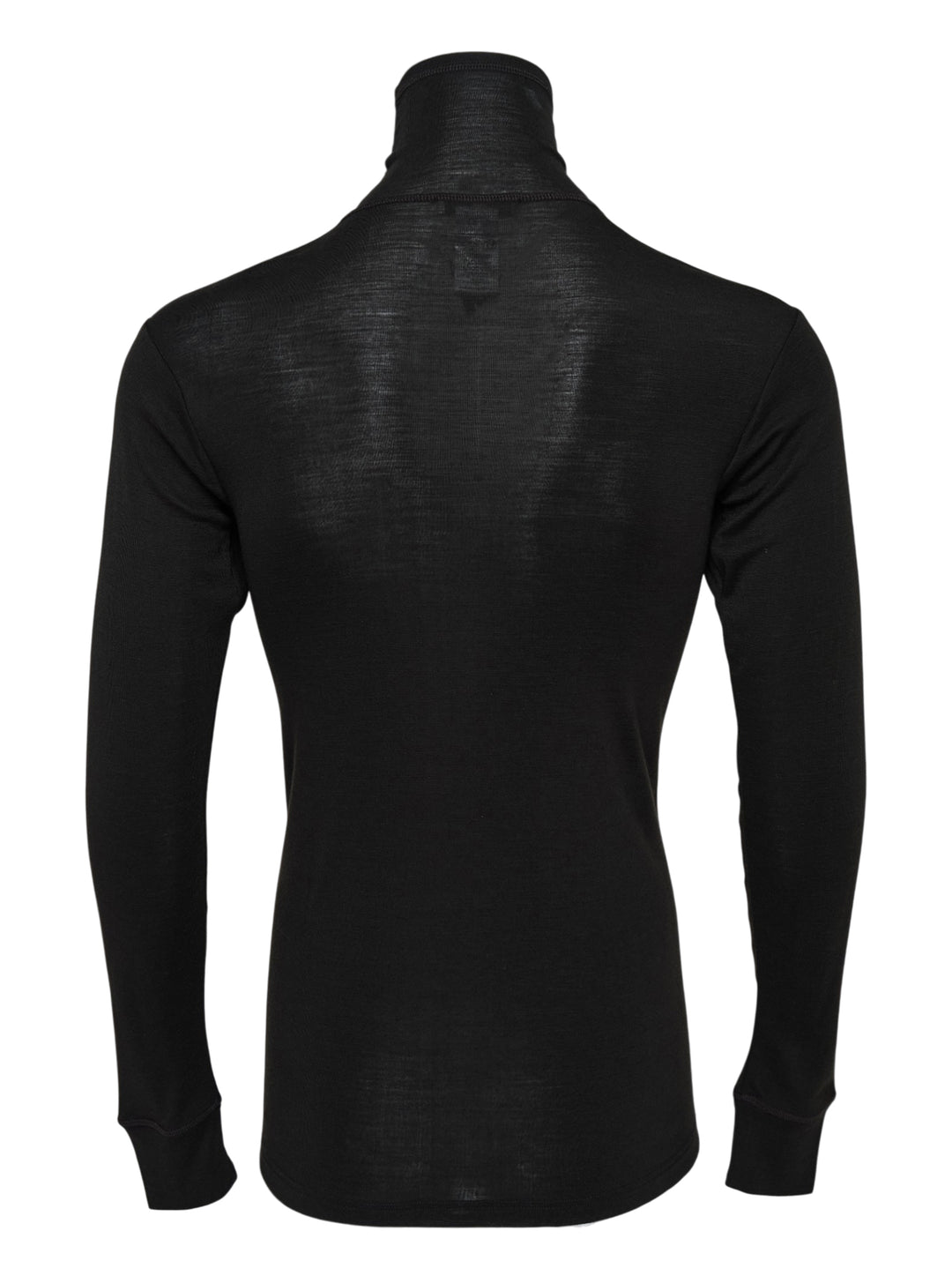 Lemaire black wool silk jersey turtleneck top with long sleeves and ribbed cuffs, shown front view - view 2