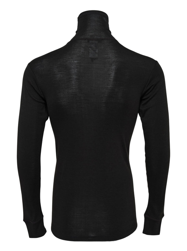 Lemaire black wool silk jersey turtleneck top with long sleeves and ribbed cuffs, shown front view - view 2